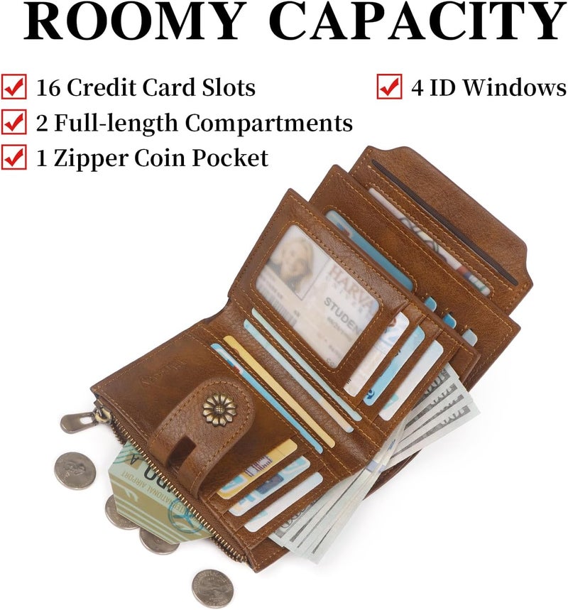 Blucoay Wallet Women,RFID Blocking Leather Womens Wallet Bifold Compact Small Wallet for Women Card Holder with Removable ID Window cowprint brown - Image 3